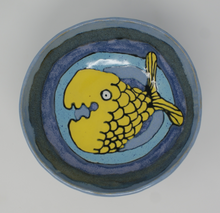 Load image into Gallery viewer, Round three legged bowl with yellow fish