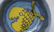 Load image into Gallery viewer, Round three legged bowl with yellow fish
